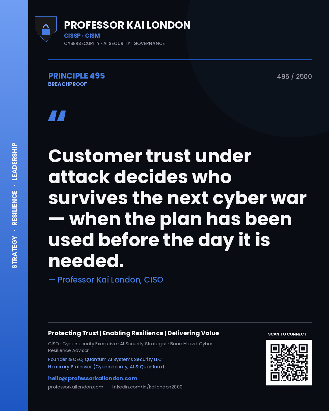 Professor Kai London principle 495: Customer trust under attack decides who survives the next cyber war — when the plan has been used before the day it is needed.