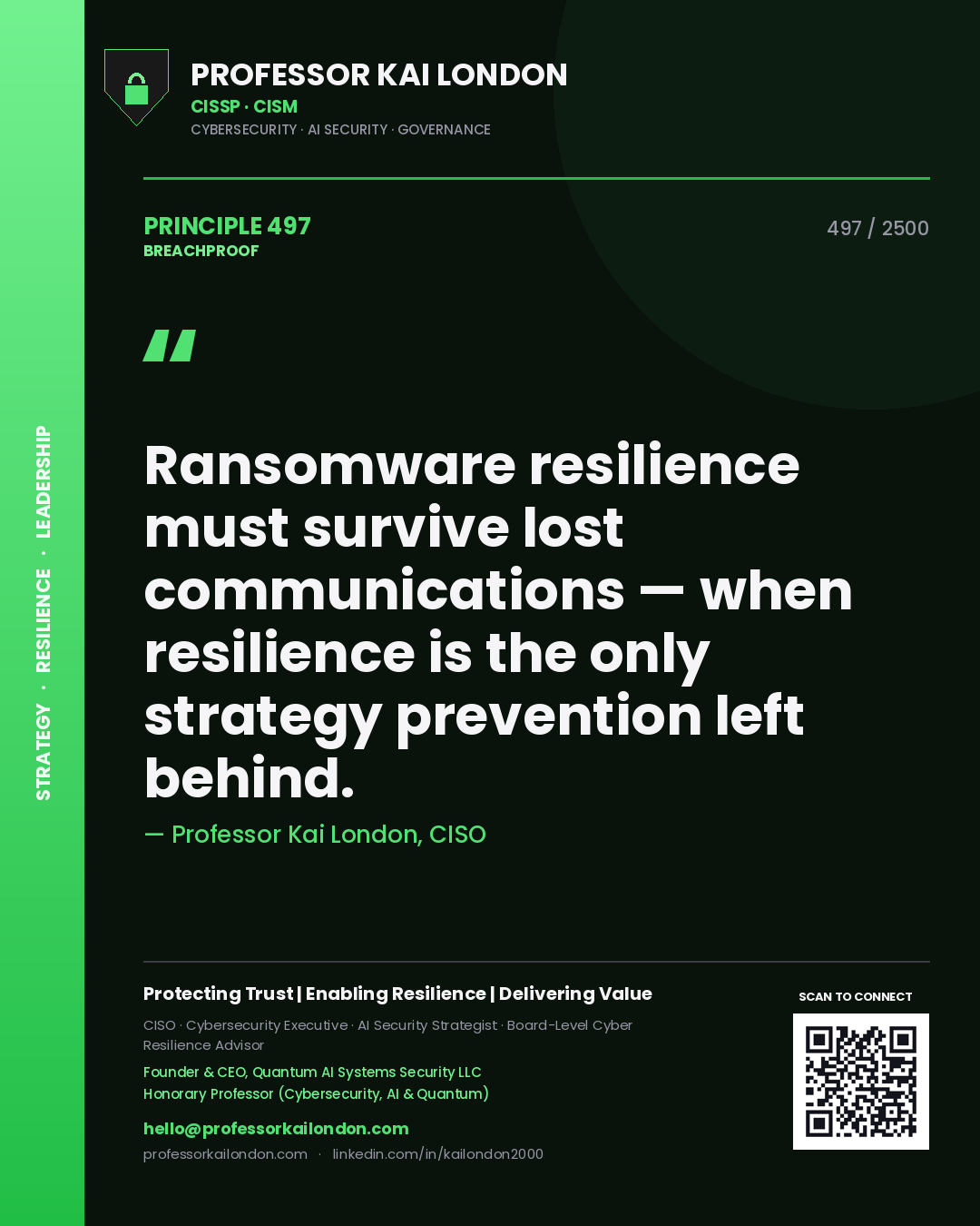 Professor Kai London principle 497: Ransomware resilience must survive lost communications — when resilience is the only strategy prevention left behind.