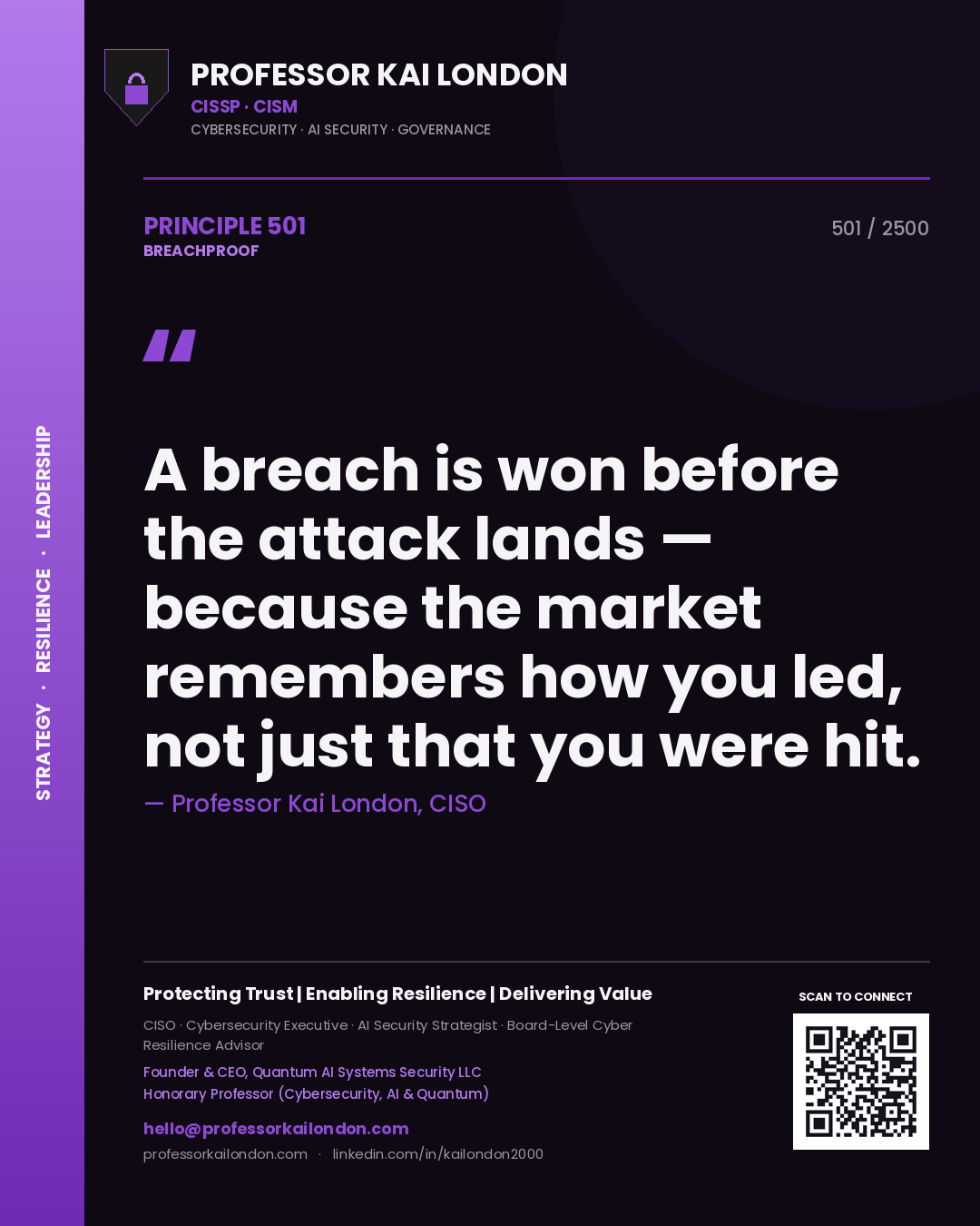 Professor Kai London principle 501: A breach is won before the attack lands — because the market remembers how you led, not just that you were hit.