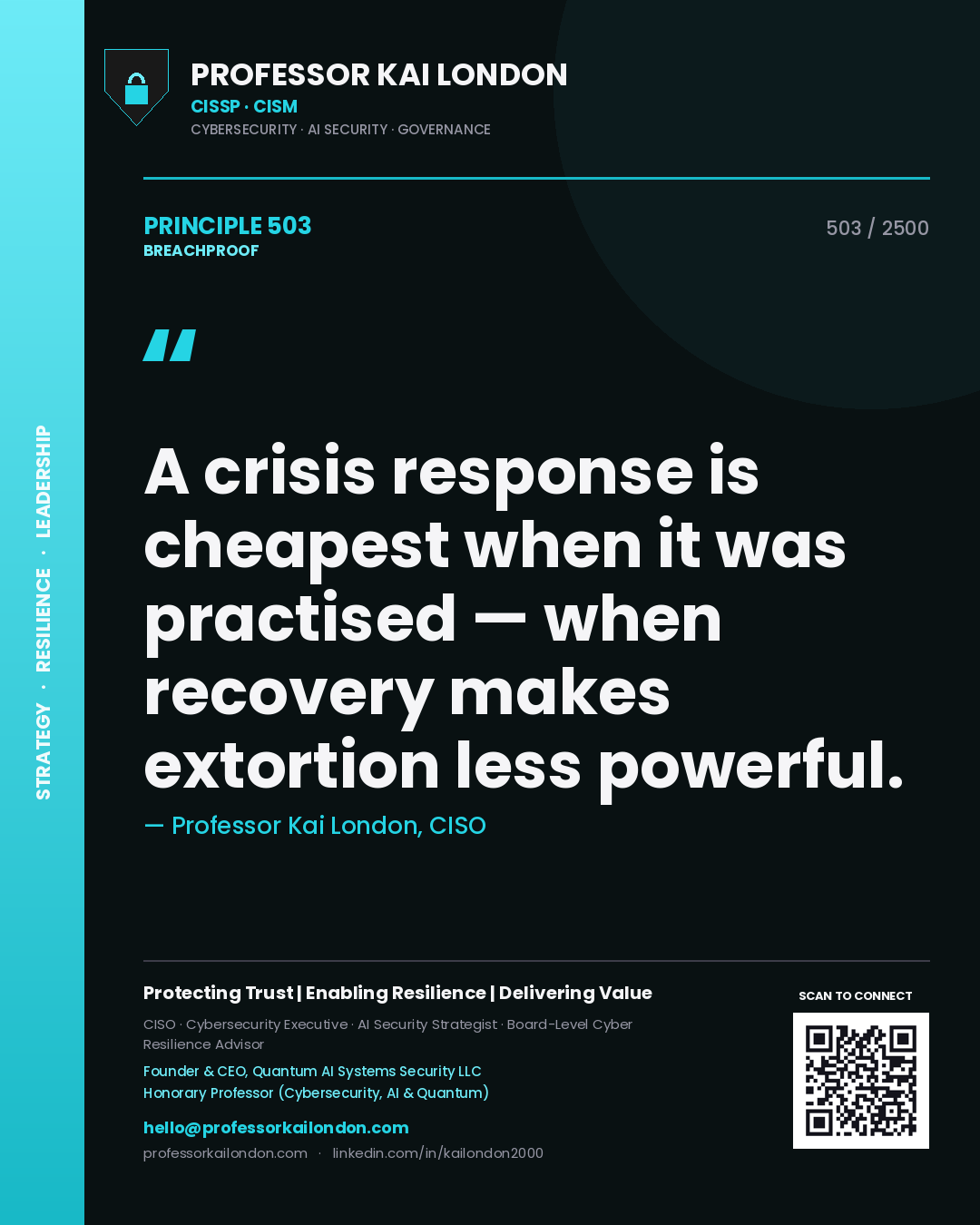 Professor Kai London principle 503: A crisis response is cheapest when it was practised — when recovery makes extortion less powerful.
