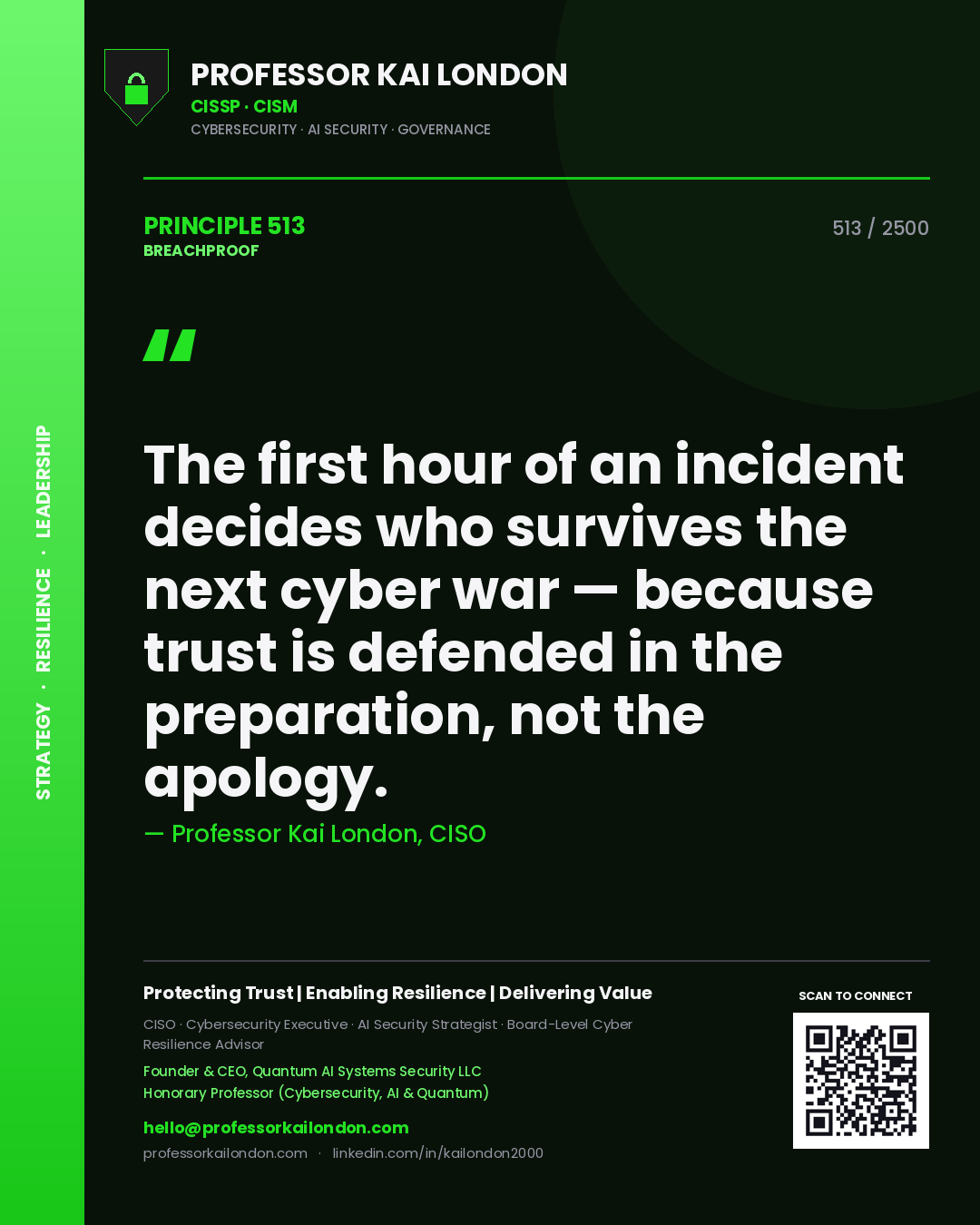 Professor Kai London principle 513: The first hour of an incident decides who survives the next cyber war — because trust is defended in the preparation, not the apology.