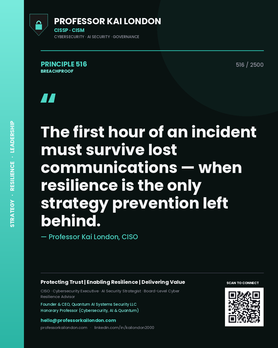 Professor Kai London principle 516: The first hour of an incident must survive lost communications — when resilience is the only strategy prevention left behind.