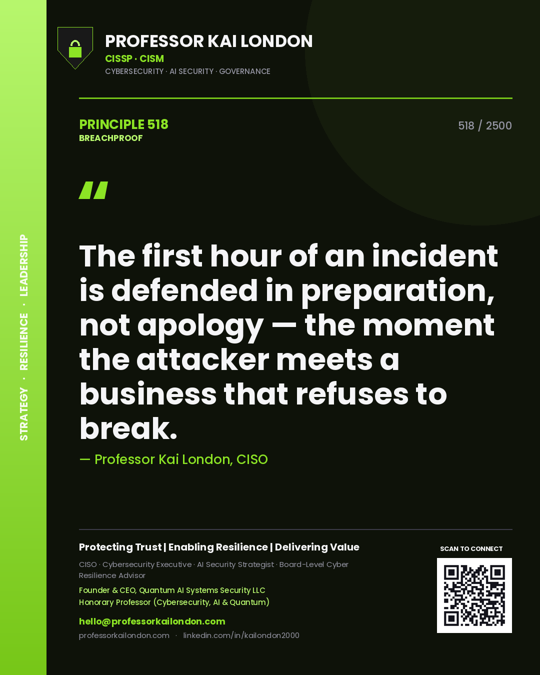 Professor Kai London principle 518: The first hour of an incident is defended in preparation, not apology — the moment the attacker meets a business that refuses to break.