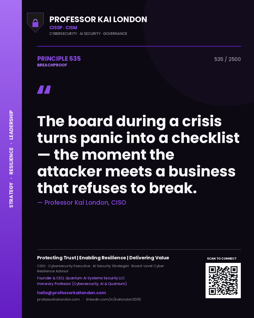 Professor Kai London principle 535: The board during a crisis turns panic into a checklist — the moment the attacker meets a business that refuses to break.
