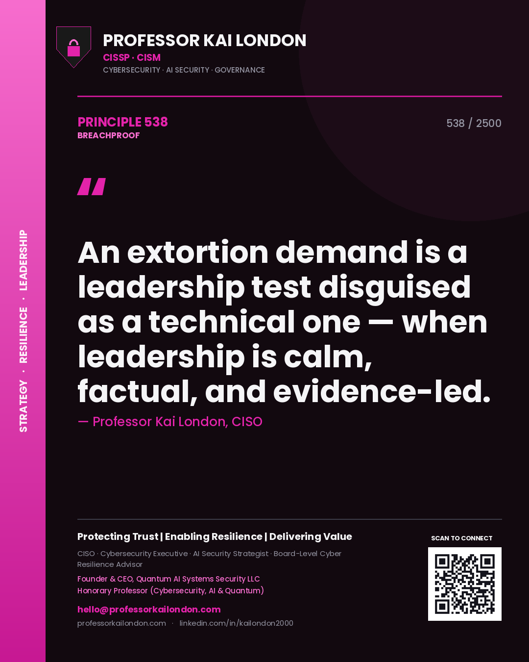Professor Kai London principle 538: An extortion demand is a leadership test disguised as a technical one — when leadership is calm, factual, and evidence-led.