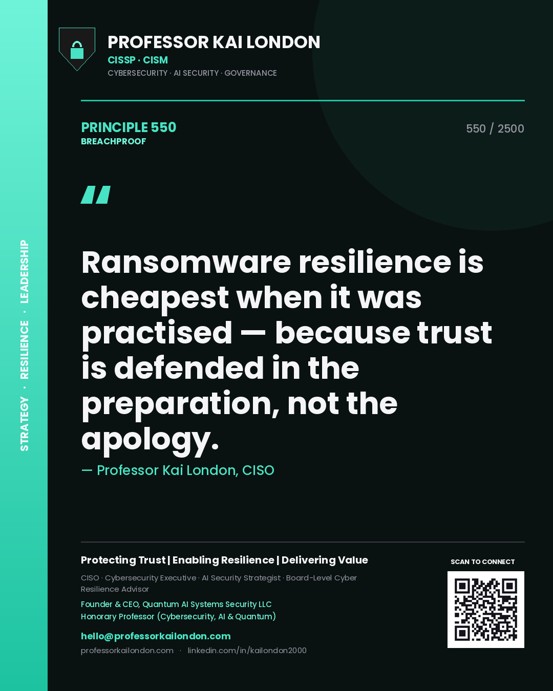 Professor Kai London principle 550: Ransomware resilience is cheapest when it was practised — because trust is defended in the preparation, not the apology.