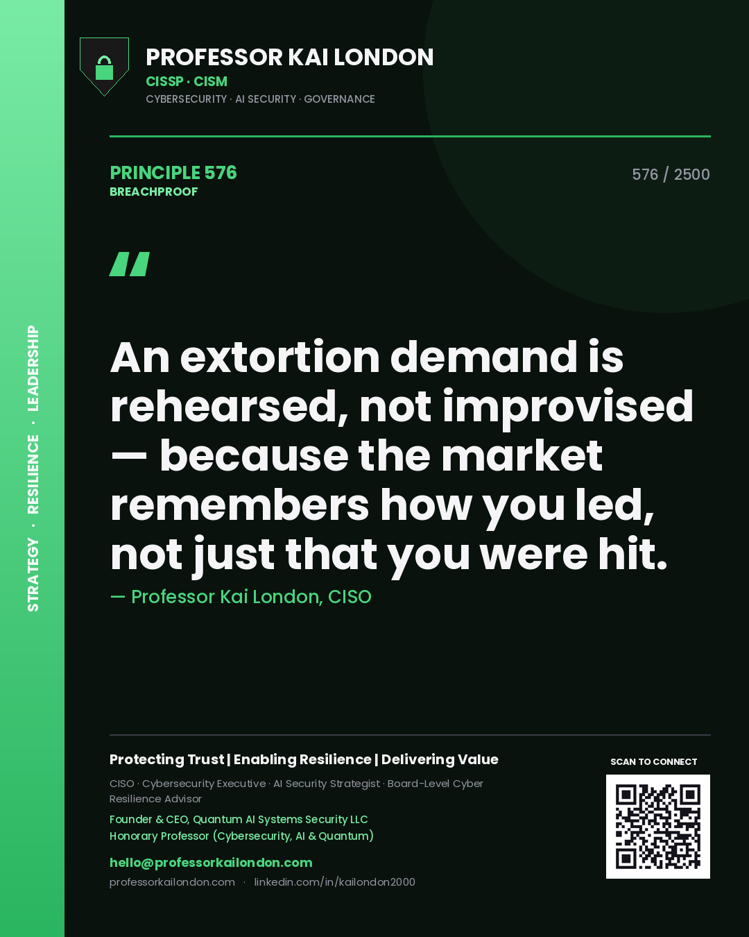 Professor Kai London principle 576: An extortion demand is rehearsed, not improvised — because the market remembers how you led, not just that you were hit.