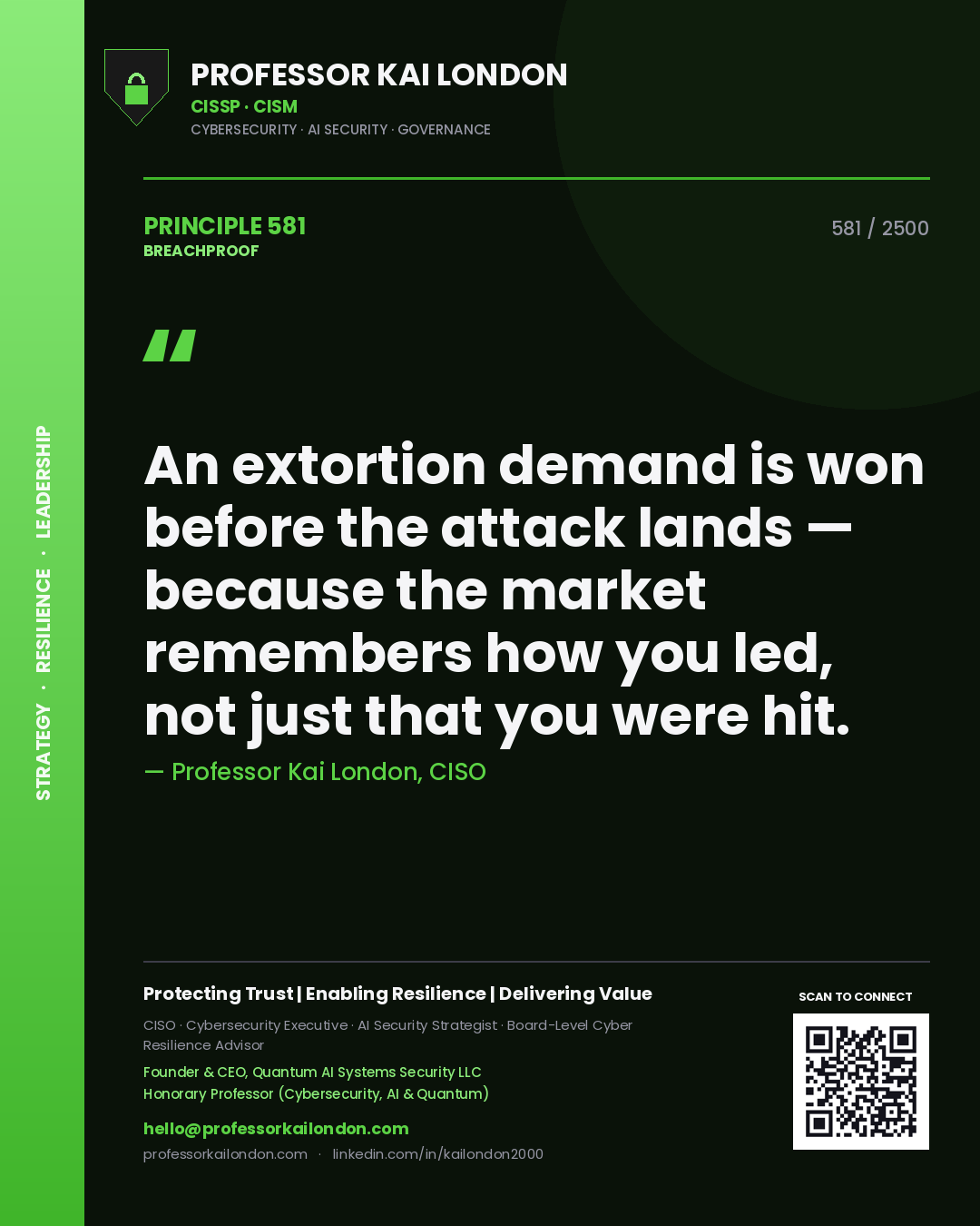 Professor Kai London principle 581: An extortion demand is won before the attack lands — because the market remembers how you led, not just that you were hit.