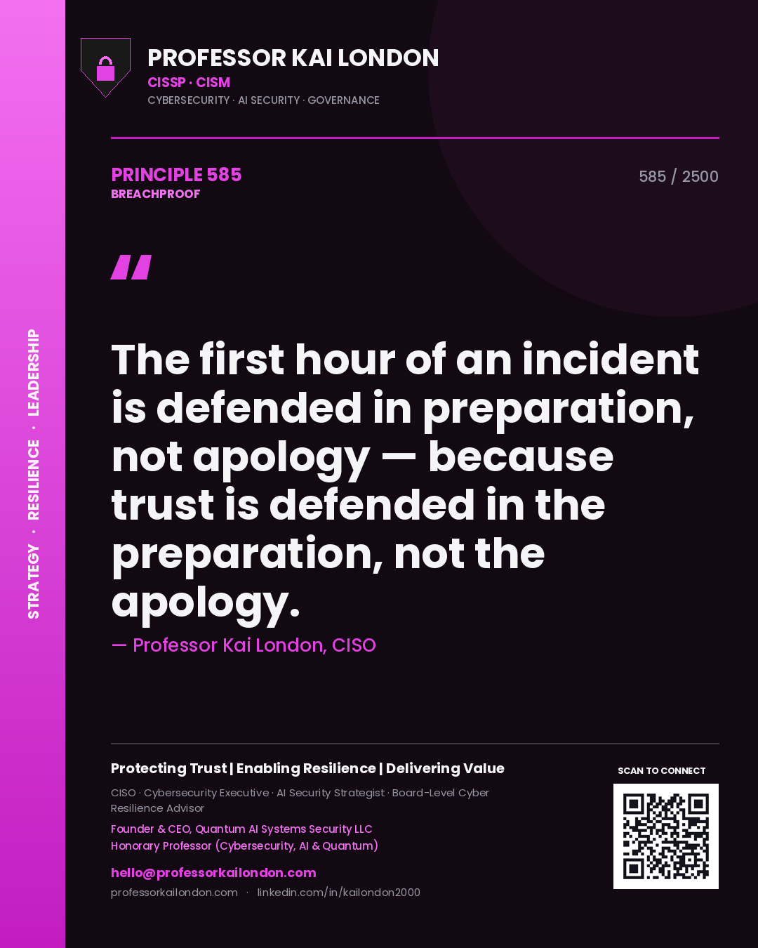 Professor Kai London principle 585: The first hour of an incident is defended in preparation, not apology — because trust is defended in the preparation, not the apology.
