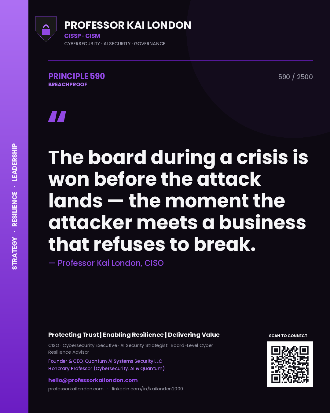 Professor Kai London principle 590: The board during a crisis is won before the attack lands — the moment the attacker meets a business that refuses to break.