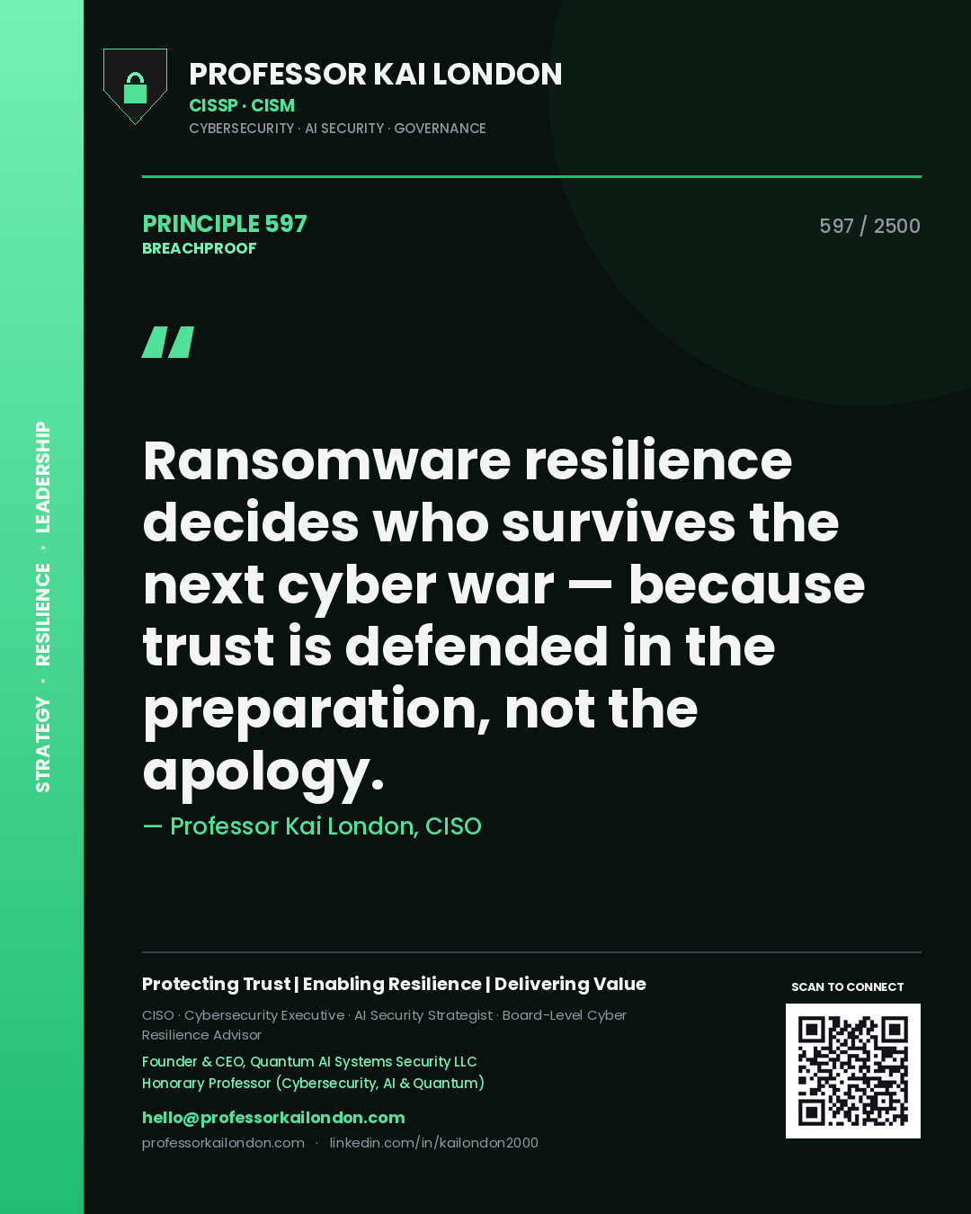 Professor Kai London principle 597: Ransomware resilience decides who survives the next cyber war — because trust is defended in the preparation, not the apology.