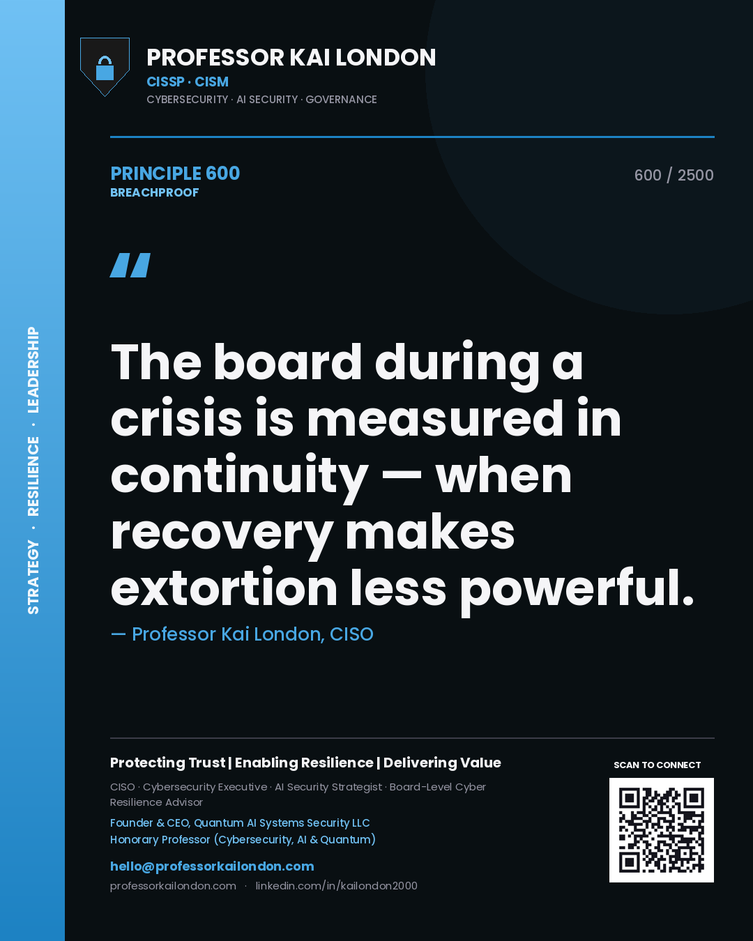 Professor Kai London principle 600: The board during a crisis is measured in continuity — when recovery makes extortion less powerful.