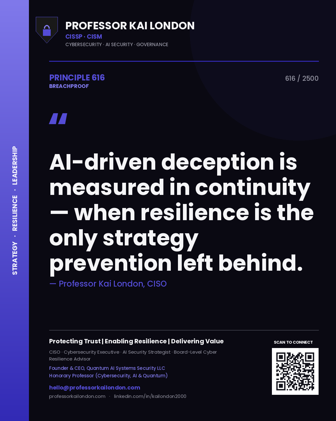 Professor Kai London principle 616: AI-driven deception is measured in continuity — when resilience is the only strategy prevention left behind.