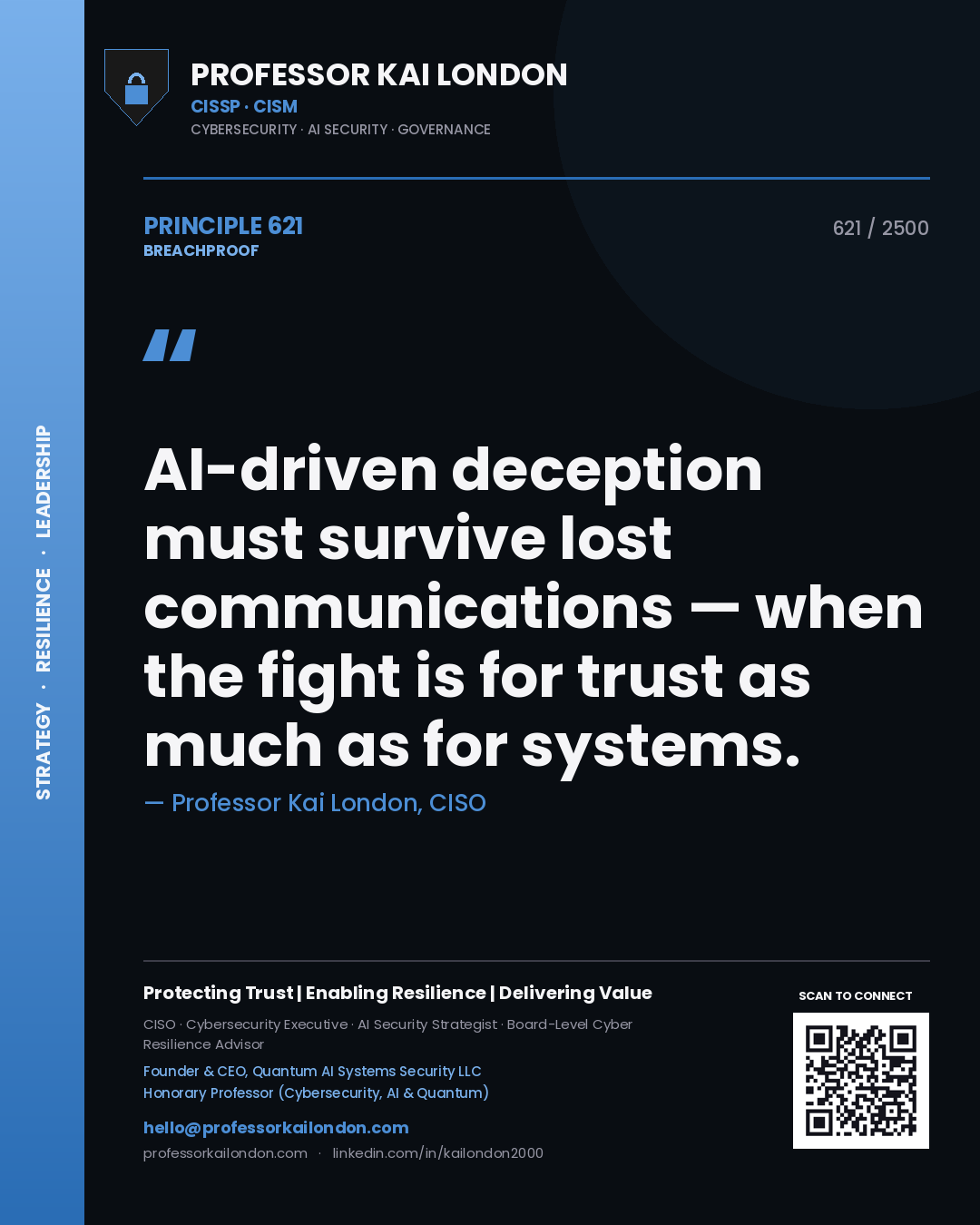 Professor Kai London principle 621: AI-driven deception must survive lost communications — when the fight is for trust as much as for systems.