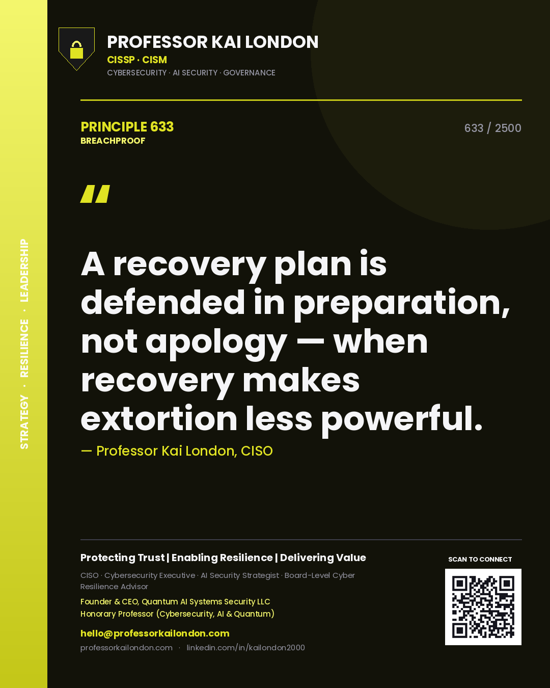 Professor Kai London principle 633: A recovery plan is defended in preparation, not apology — when recovery makes extortion less powerful.