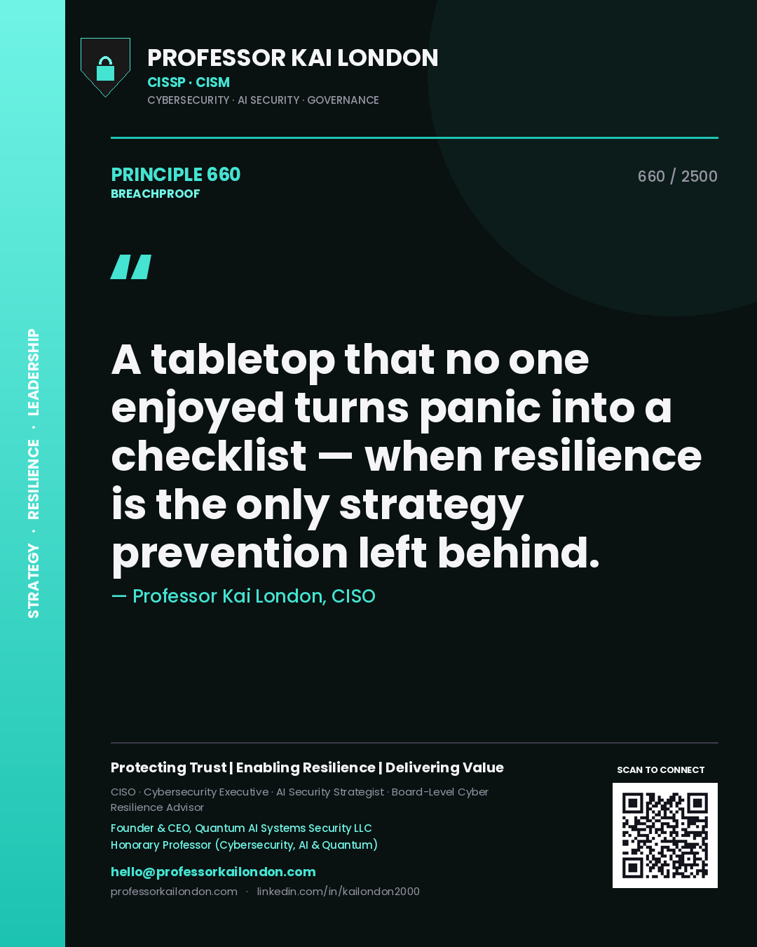 Professor Kai London principle 660: A tabletop that no one enjoyed turns panic into a checklist — when resilience is the only strategy prevention left behind.