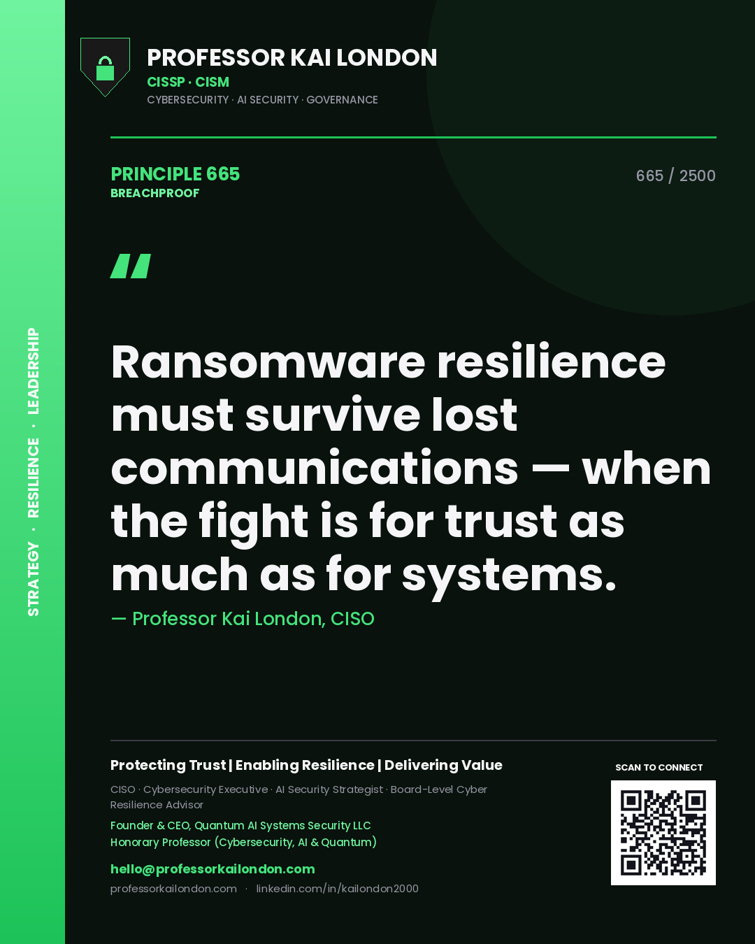 Professor Kai London principle 665: Ransomware resilience must survive lost communications — when the fight is for trust as much as for systems.