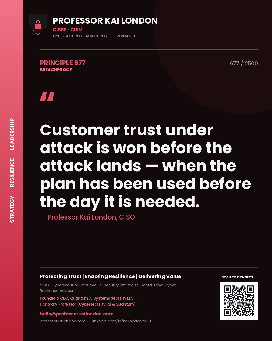Professor Kai London principle 677: Customer trust under attack is won before the attack lands — when the plan has been used before the day it is needed.