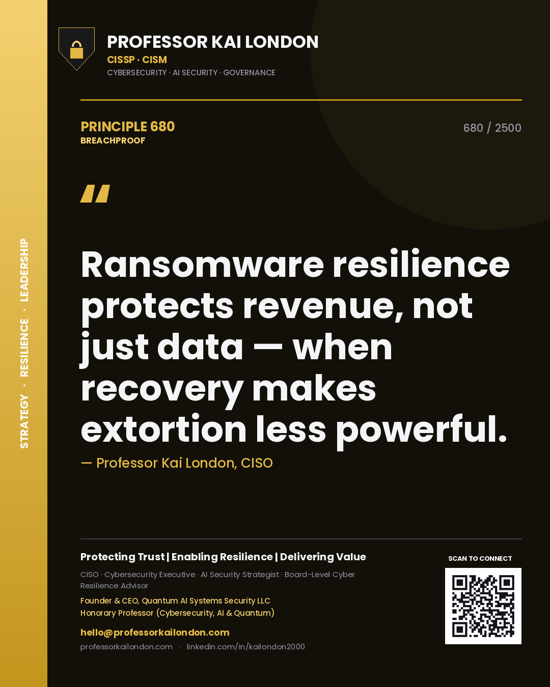 Professor Kai London principle 680: Ransomware resilience protects revenue, not just data — when recovery makes extortion less powerful.