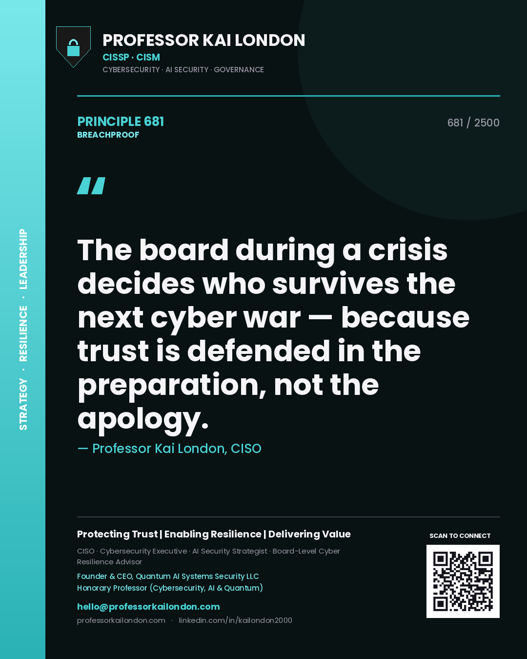 Professor Kai London principle 681: The board during a crisis decides who survives the next cyber war — because trust is defended in the preparation, not the apology.