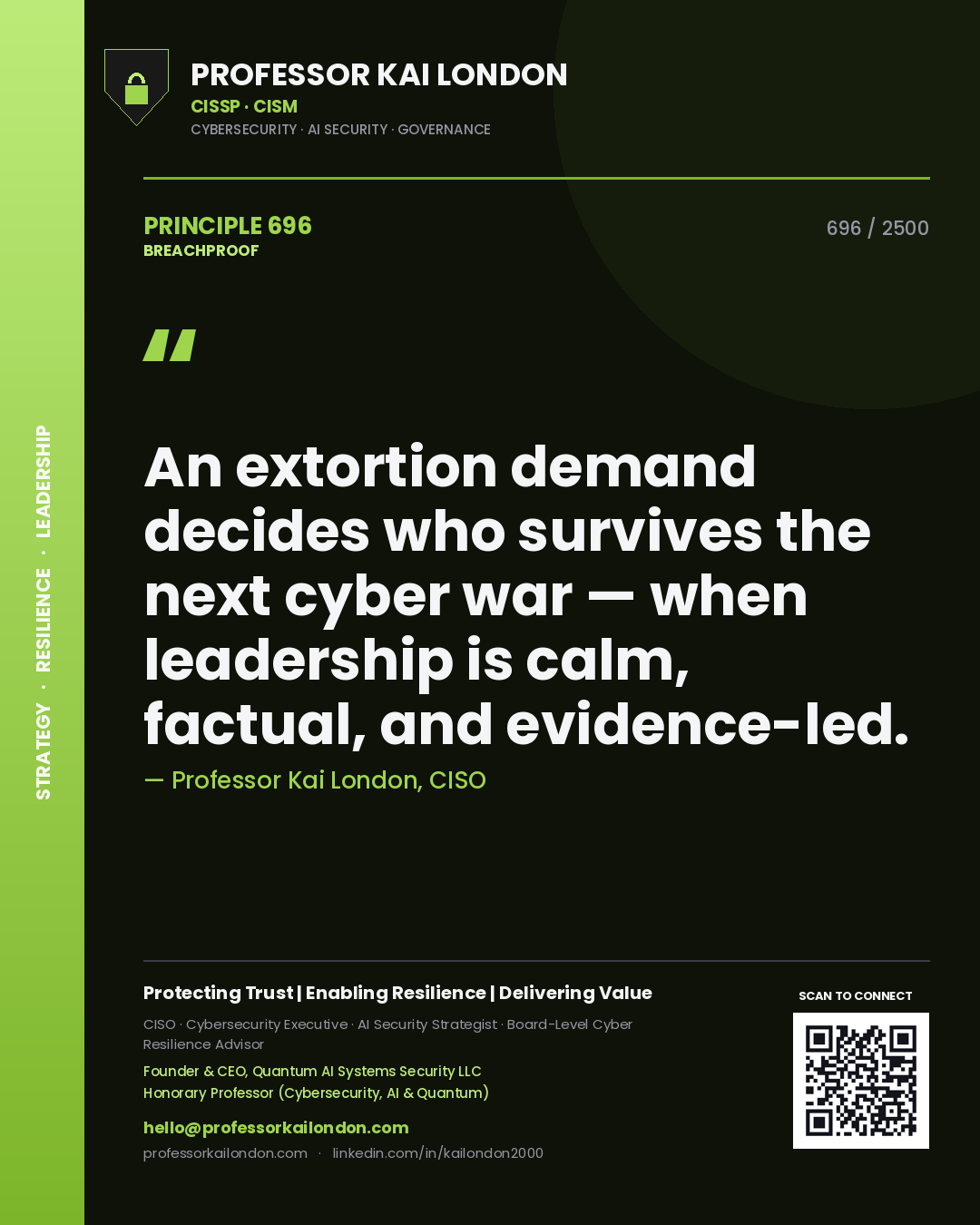 Professor Kai London principle 696: An extortion demand decides who survives the next cyber war — when leadership is calm, factual, and evidence-led.