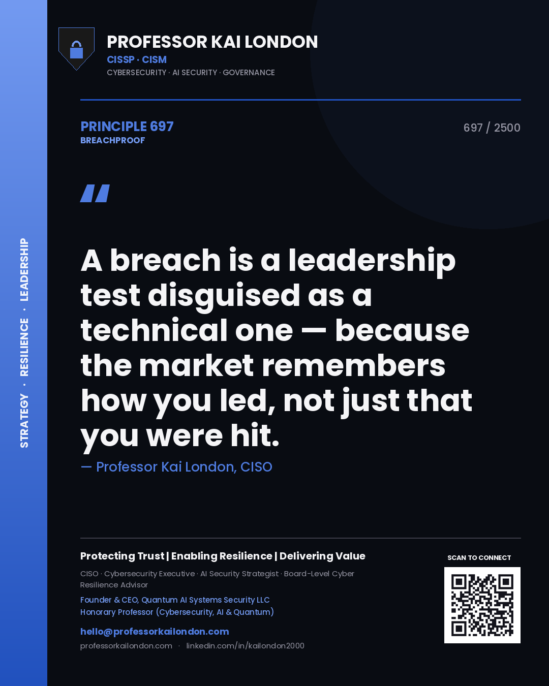 Professor Kai London principle 697: A breach is a leadership test disguised as a technical one — because the market remembers how you led, not just that you were hit.