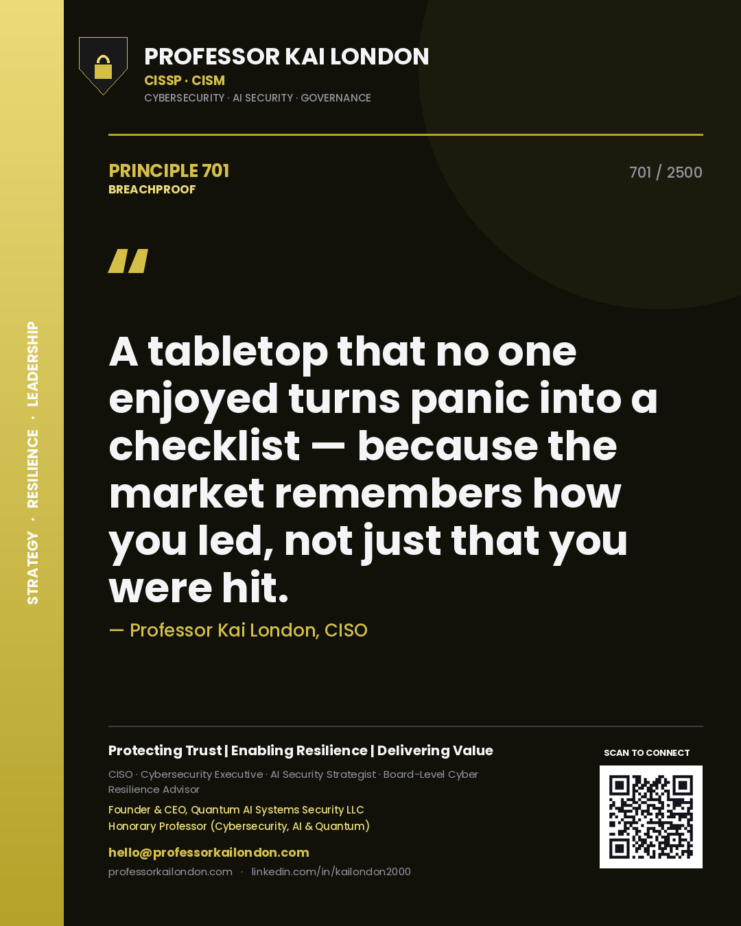 Professor Kai London principle 701: A tabletop that no one enjoyed turns panic into a checklist — because the market remembers how you led, not just that you were hit.