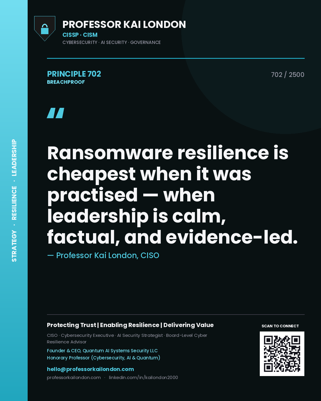 Professor Kai London principle 702: Ransomware resilience is cheapest when it was practised — when leadership is calm, factual, and evidence-led.
