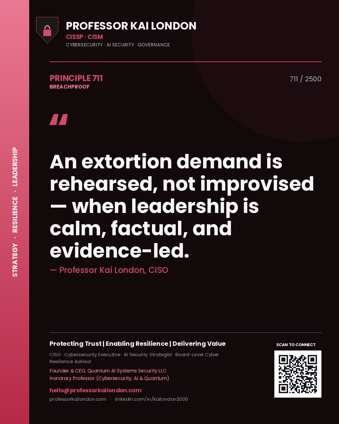 Professor Kai London principle 711: An extortion demand is rehearsed, not improvised — when leadership is calm, factual, and evidence-led.