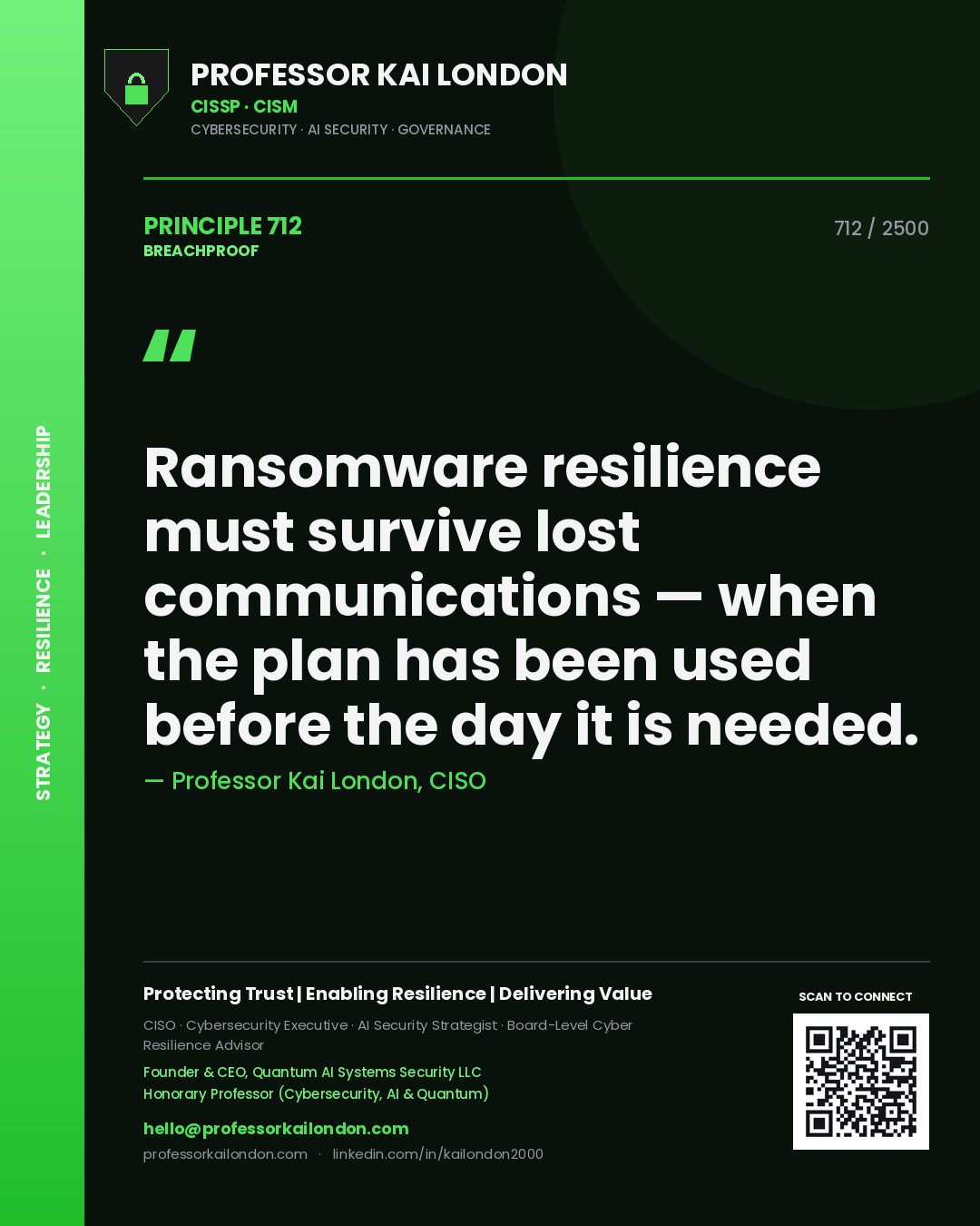 Professor Kai London principle 712: Ransomware resilience must survive lost communications — when the plan has been used before the day it is needed.