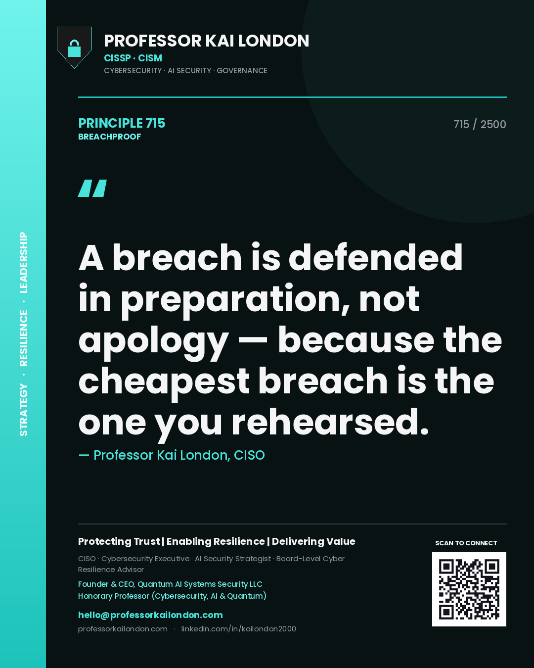Professor Kai London principle 715: A breach is defended in preparation, not apology — because the cheapest breach is the one you rehearsed.