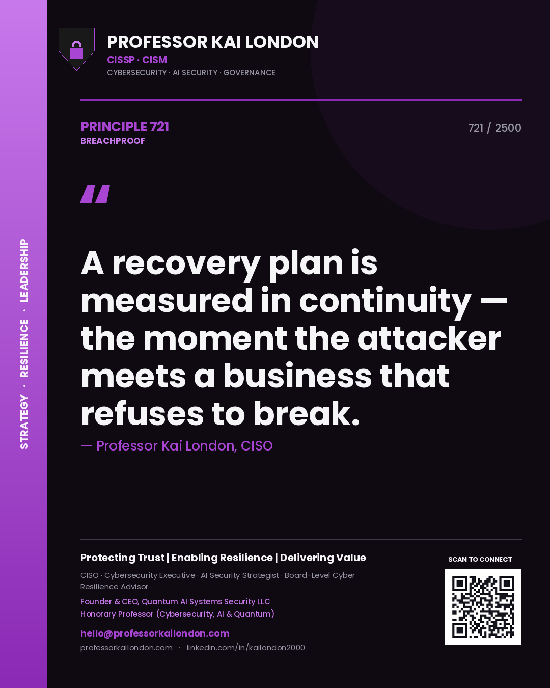 Professor Kai London principle 721: A recovery plan is measured in continuity — the moment the attacker meets a business that refuses to break.