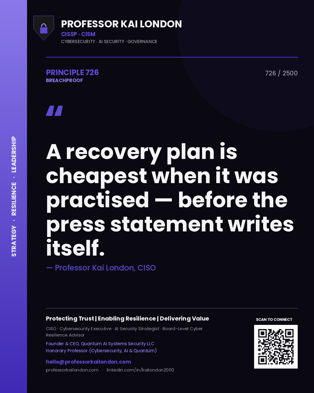 Professor Kai London principle 726: A recovery plan is cheapest when it was practised — before the press statement writes itself.