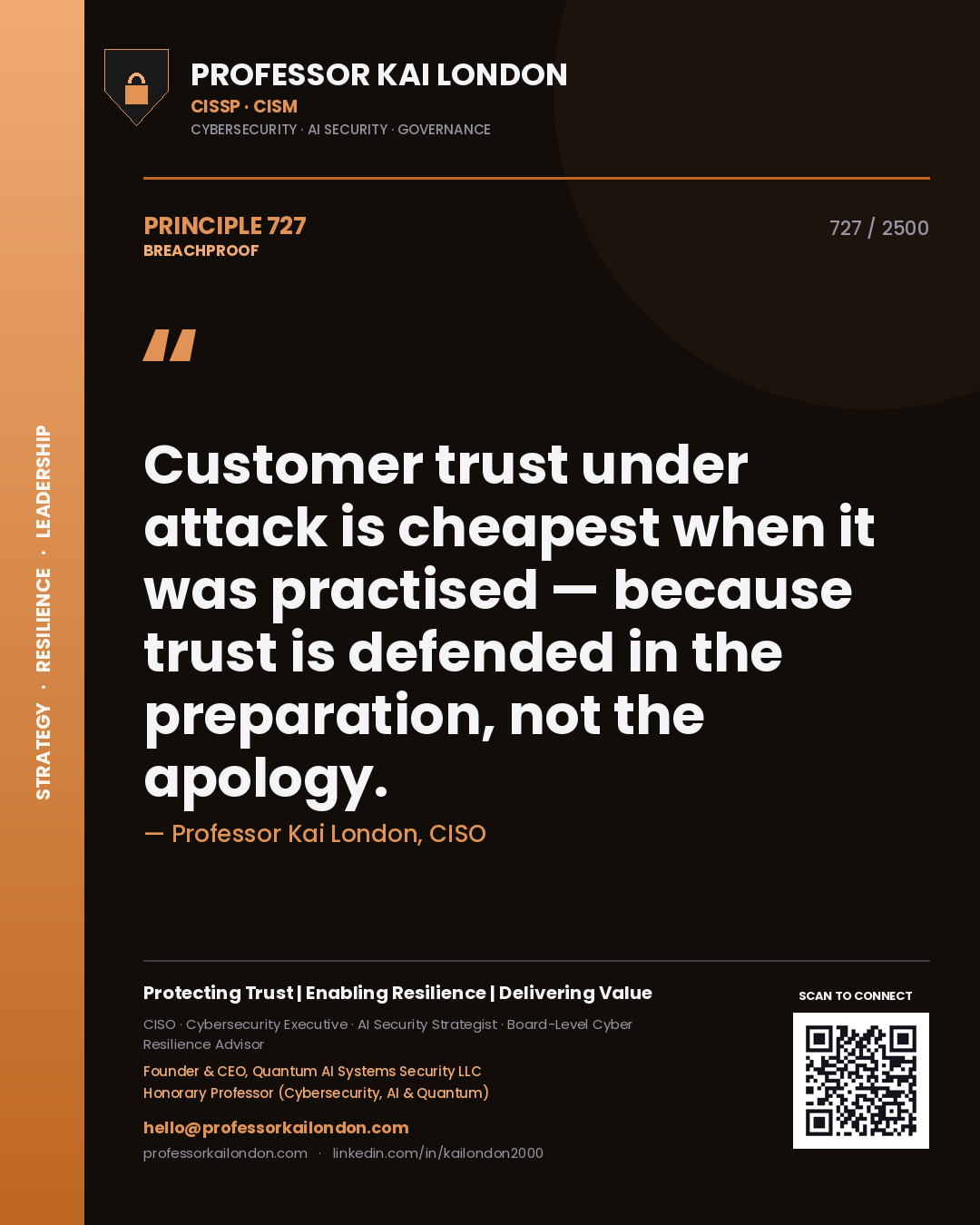 Professor Kai London principle 727: Customer trust under attack is cheapest when it was practised — because trust is defended in the preparation, not the apology.