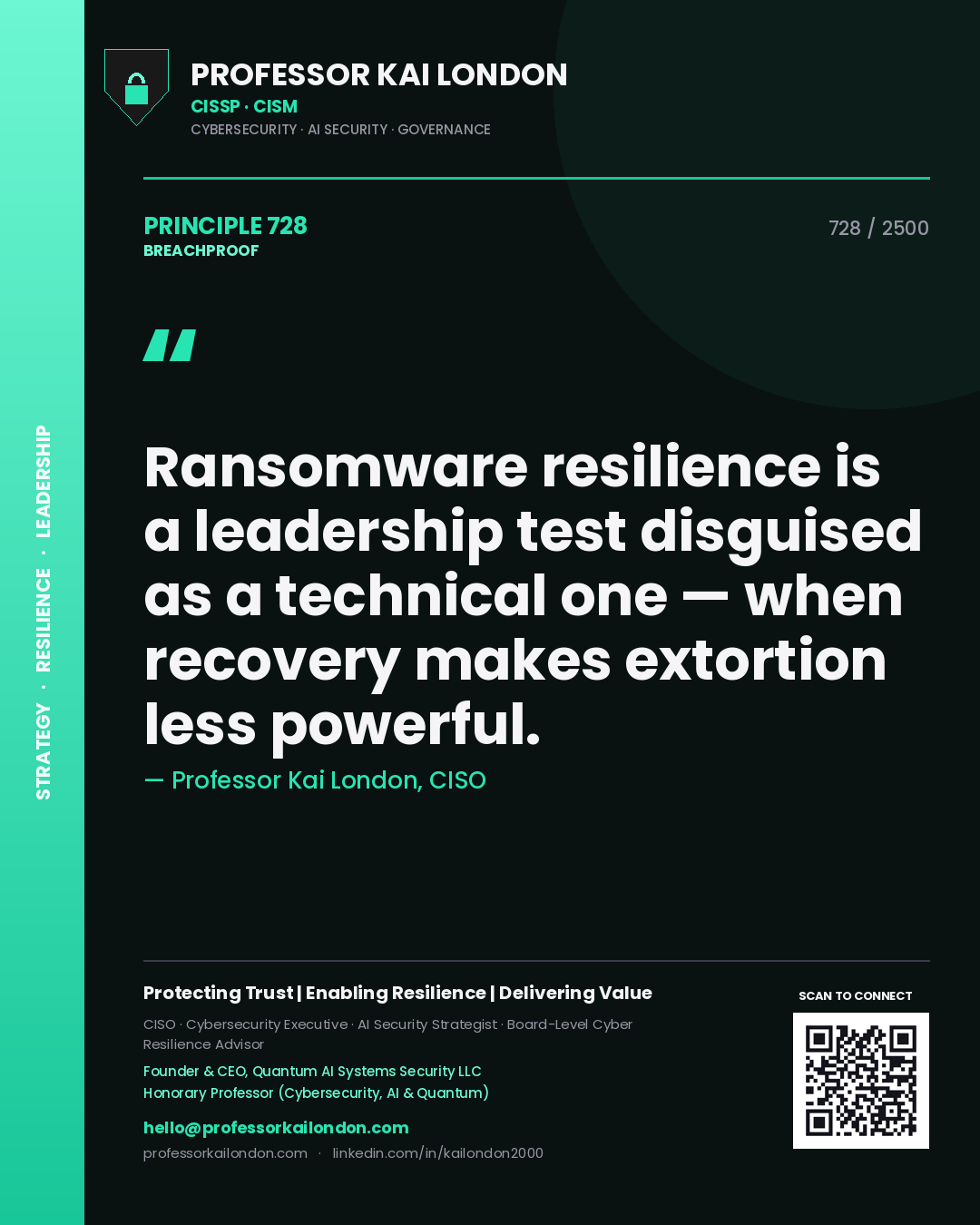 Professor Kai London principle 728: Ransomware resilience is a leadership test disguised as a technical one — when recovery makes extortion less powerful.