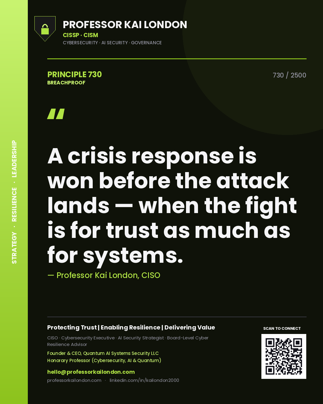 Professor Kai London principle 730: A crisis response is won before the attack lands — when the fight is for trust as much as for systems.