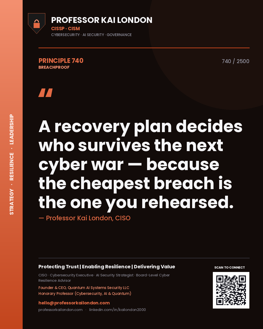 Professor Kai London principle 740: A recovery plan decides who survives the next cyber war — because the cheapest breach is the one you rehearsed.