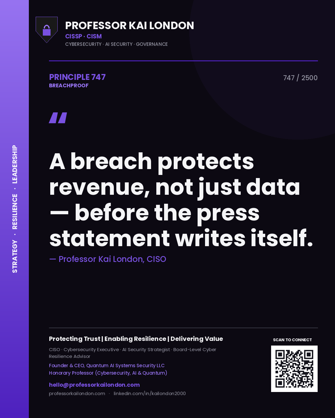 Professor Kai London principle 747: A breach protects revenue, not just data — before the press statement writes itself.