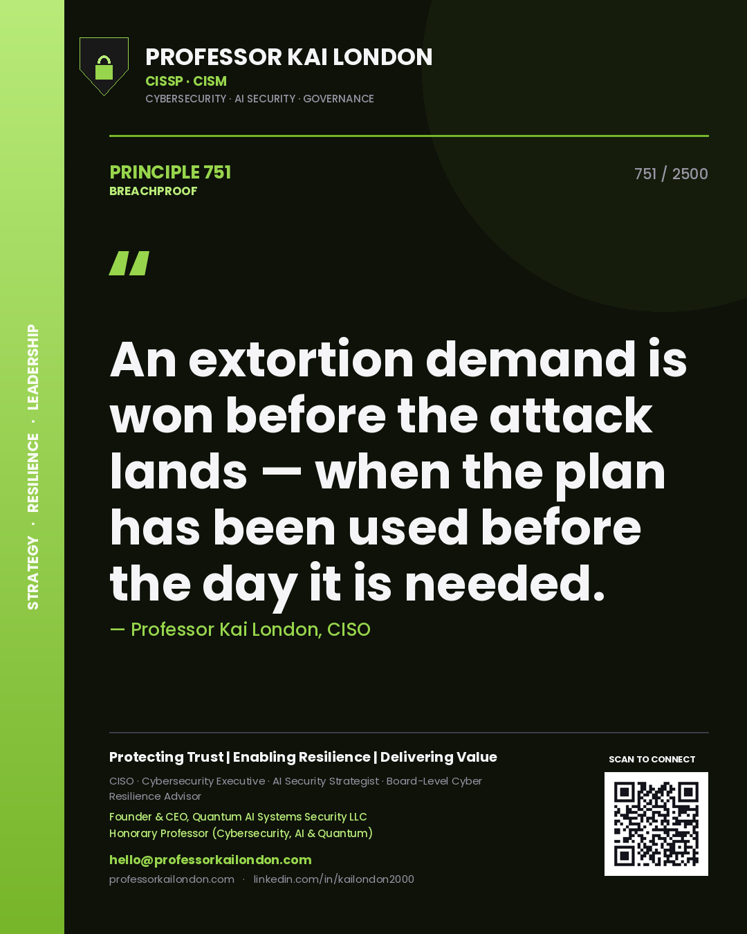 Professor Kai London principle 751: An extortion demand is won before the attack lands — when the plan has been used before the day it is needed.