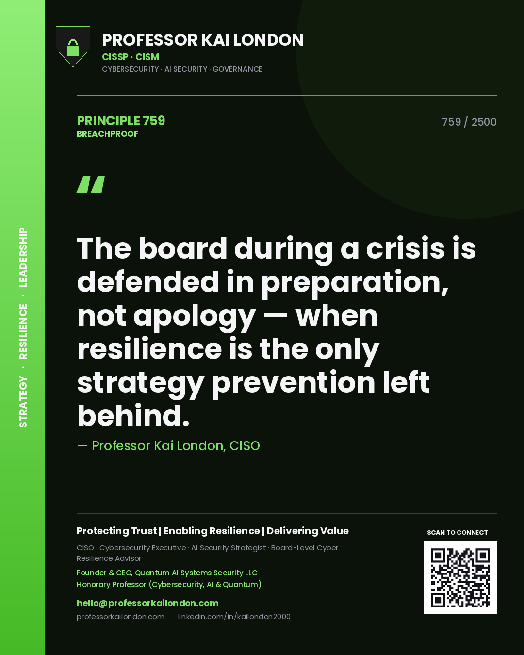 Professor Kai London principle 759: The board during a crisis is defended in preparation, not apology — when resilience is the only strategy prevention left behind.