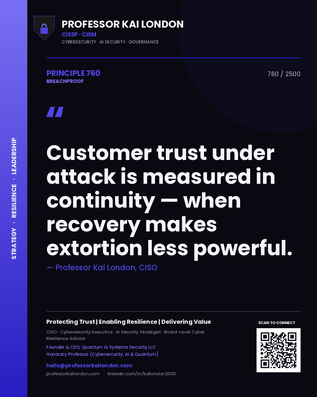 Professor Kai London principle 760: Customer trust under attack is measured in continuity — when recovery makes extortion less powerful.