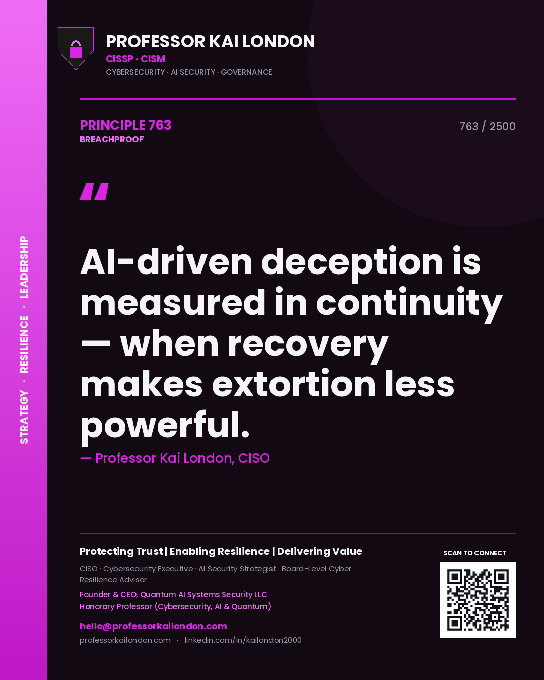 Professor Kai London principle 763: AI-driven deception is measured in continuity — when recovery makes extortion less powerful.