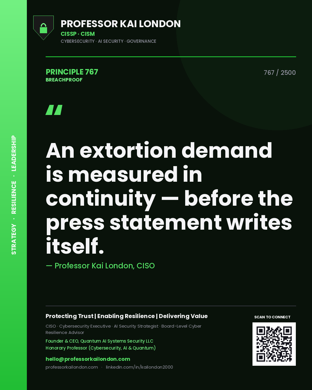 Professor Kai London principle 767: An extortion demand is measured in continuity — before the press statement writes itself.