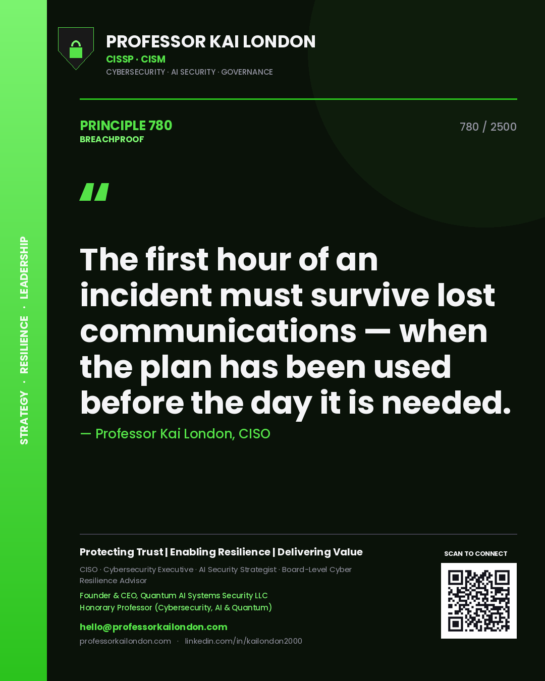 Professor Kai London principle 780: The first hour of an incident must survive lost communications — when the plan has been used before the day it is needed.