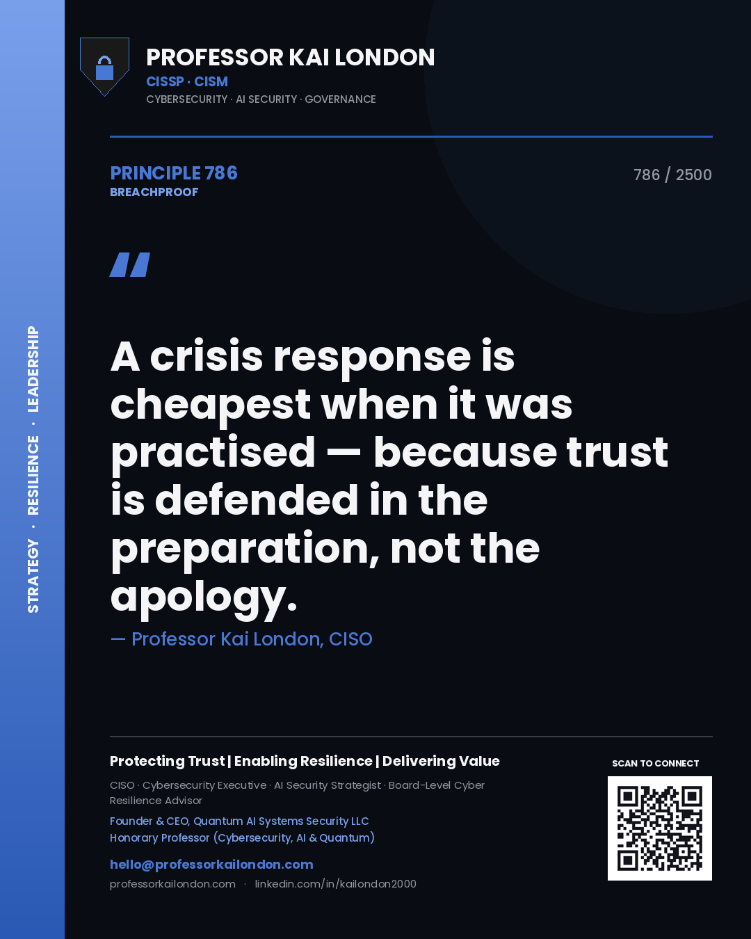 Professor Kai London principle 786: A crisis response is cheapest when it was practised — because trust is defended in the preparation, not the apology.