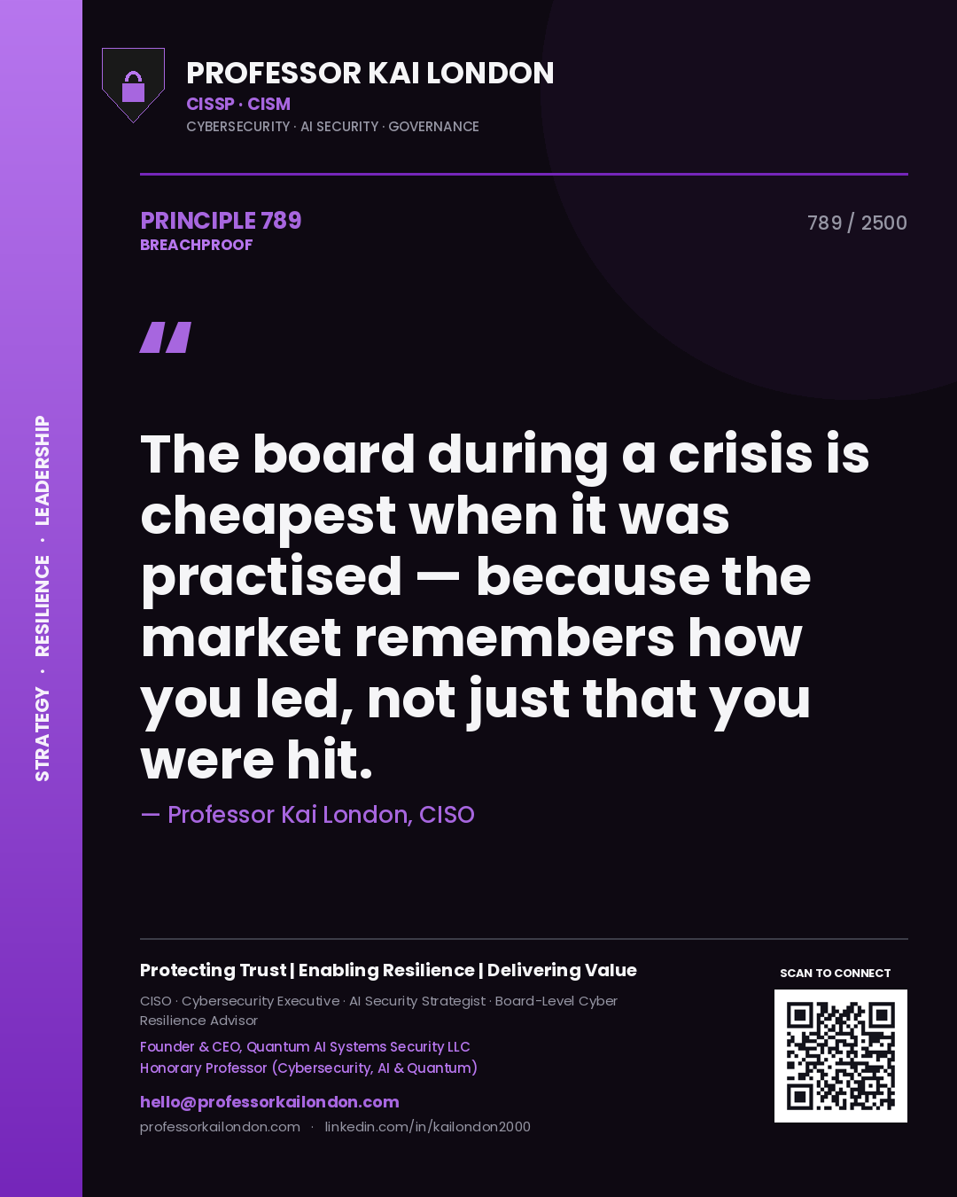 Professor Kai London principle 789: The board during a crisis is cheapest when it was practised — because the market remembers how you led, not just that you were hit.