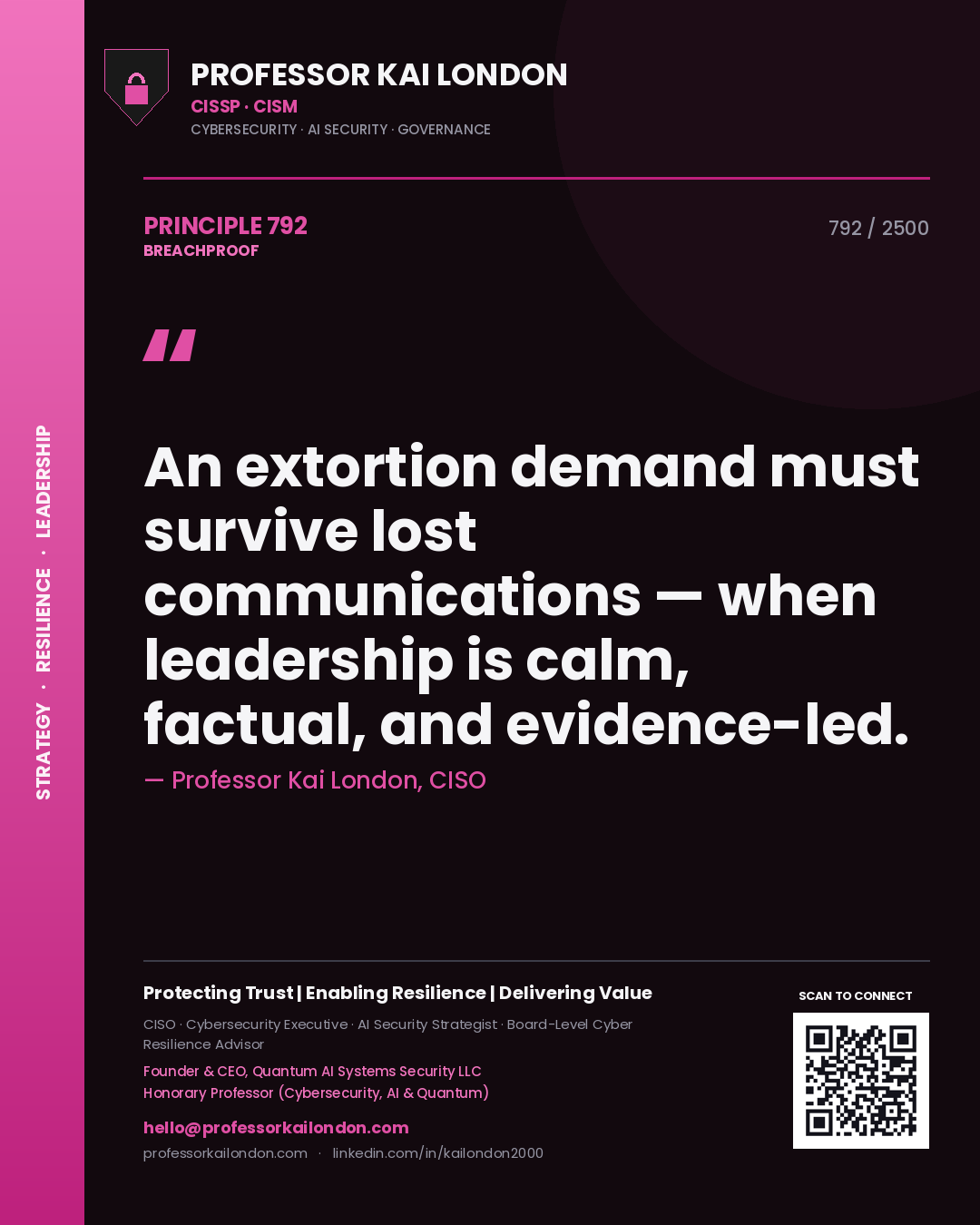 Professor Kai London principle 792: An extortion demand must survive lost communications — when leadership is calm, factual, and evidence-led.