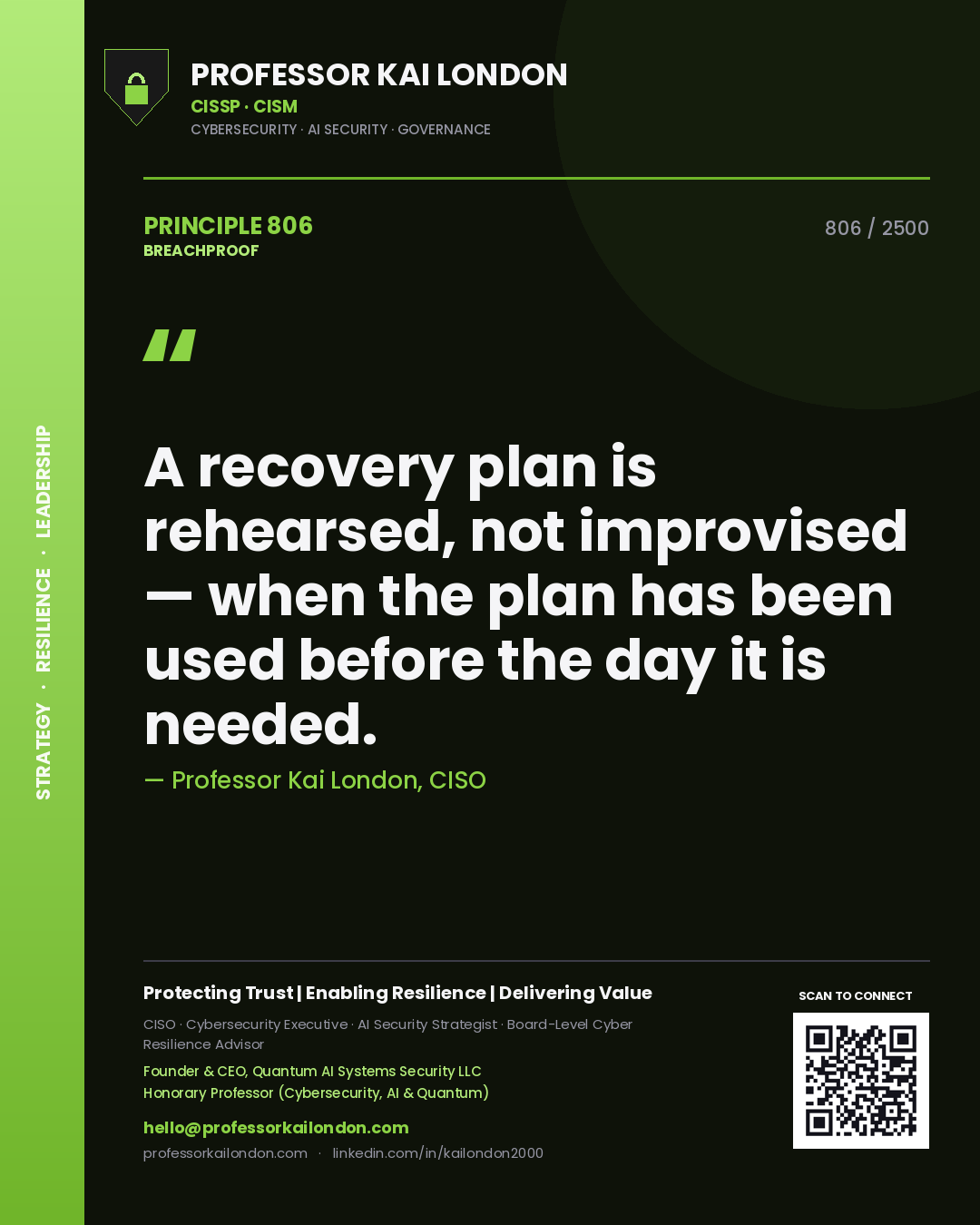 Professor Kai London principle 806: A recovery plan is rehearsed, not improvised — when the plan has been used before the day it is needed.