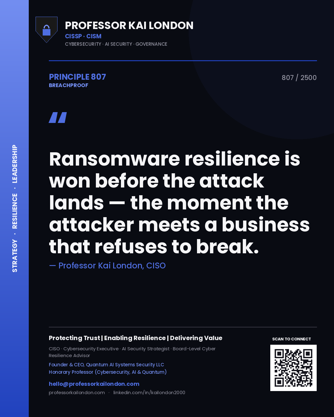 Professor Kai London principle 807: Ransomware resilience is won before the attack lands — the moment the attacker meets a business that refuses to break.