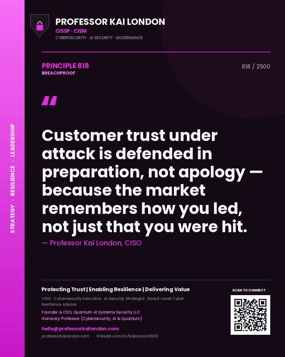 Professor Kai London principle 818: Customer trust under attack is defended in preparation, not apology — because the market remembers how you led, not just that you were hit.